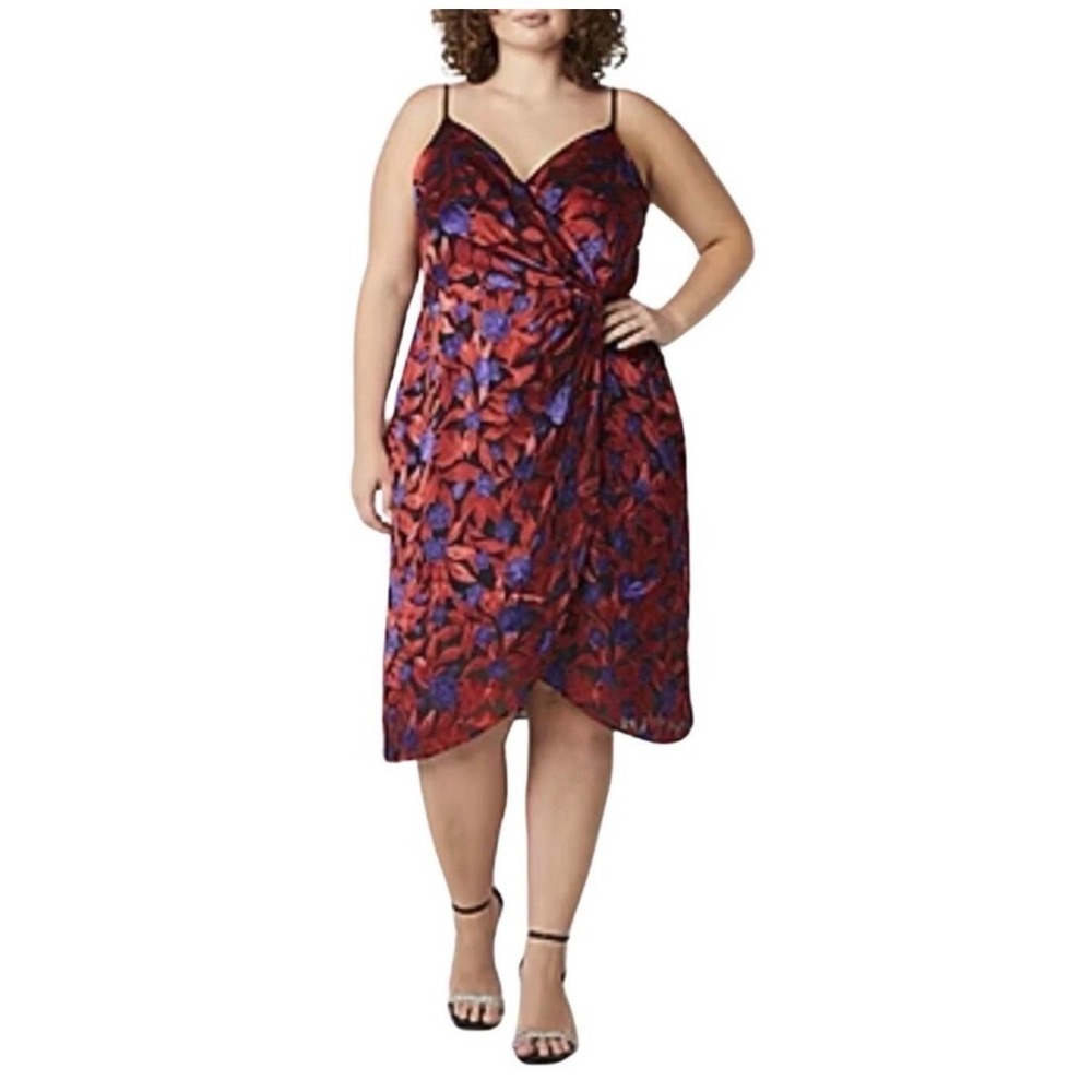 Worthington‎ Red Purple Floral Burnout Velvet Wrap Dress XL Sleeveless V-Neck